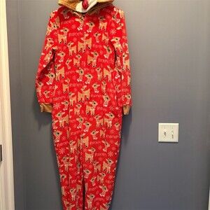 Rudolph Womens Hooded Zip One Piece Pajama Onesie Red Print Size 12-14